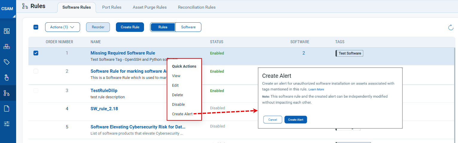 Create Alert for Software Rule.